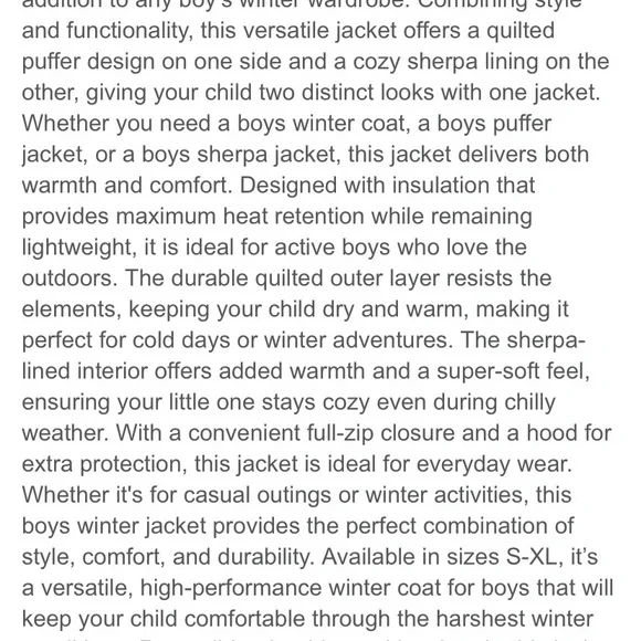 Boy’s Weatherproof Reversible Puffer Coat with hood, Large 14